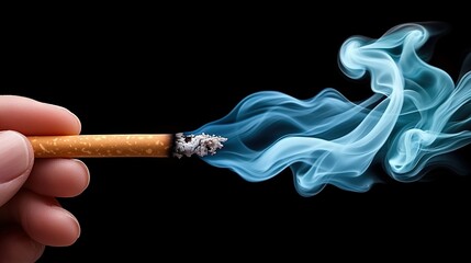   A hand with a lit cigarette releasing blue smoke against a dark background