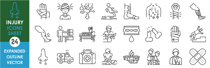 Poster - a set of line icons related to injury. pain, break, malfunction, bandage, fall, hurt, bleed, ambulan