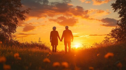 Wall Mural - A couple is walking in a field at sunset