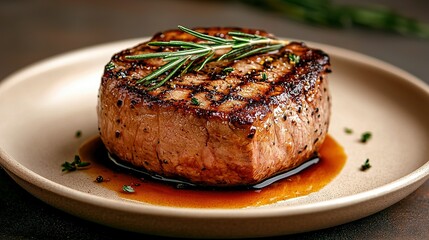 Poster -  A plate of food with a sprig of rosemary on top of a slice of meat