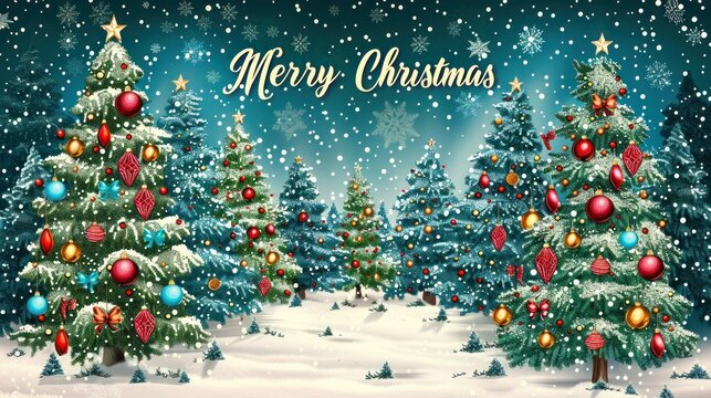 A colorful Christmas scene featuring several Christmas trees decorated with lights and tinsel, with a 
