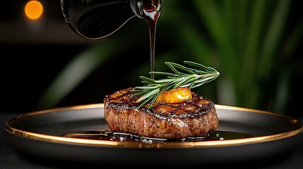   A perfectly seared steak drizzled with sauce and garnished with fresh rosemary on a plate