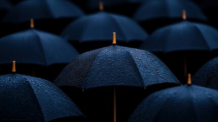   A group of dark blue umbrellas with water droplets on them, all featuring a gold stick emerging from one of their tops