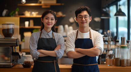 Portrait of happy young Asian barista man and woman standing with arms crossed 