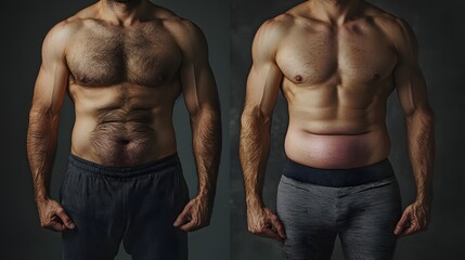 Male fitness transformation showcasing two different body types.