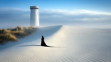 Wall Mural -   Person standing in desert with light house in background & grass in foreground