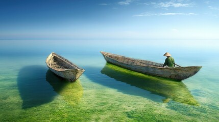 Wall Mural -   A pair of vessels bobbing atop a tranquil lake, surrounded by verdant water algae