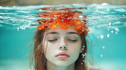 Wall Mural -   A young girl with orange flowers on her head gracefully swims beneath crystal-clear blue water