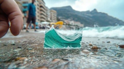 Wall Mural -   A hand with a glass in front of a building overlooking waves on a beach with people walking