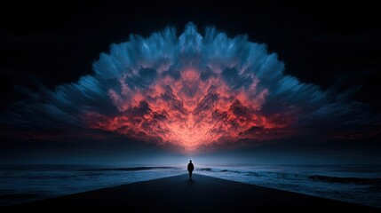 Wall Mural - a person stands amidst a body of water with a massive cloud looming over the image