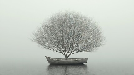 Wall Mural -   A boat atop a tranquil lake beside a towering tree amidst hazy skies