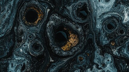   A close-up of black and gold patterns on an art glass surface