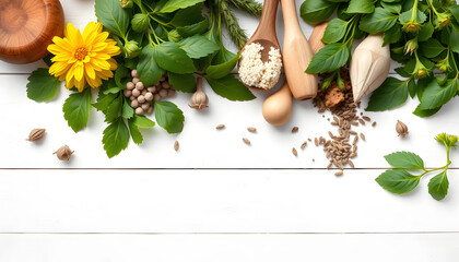 Flat lay composition with healing herbs on white wooden table. Space for text isolated with white highlights, png