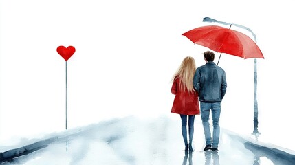  Man and woman under umbrella gaze red heart on street light