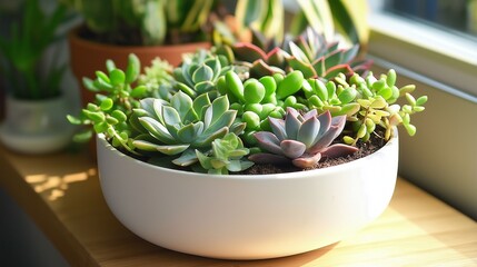 Canvas Print - meticulously planted succulent arrangement in a white ceramic pot on a wooden shelf