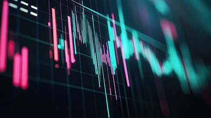 Poster - Close-up of a stock chart with detailed candlestick patterns and trading volume bars, on a financial app