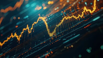 Poster - Close-up of a stock chart with dynamic candlestick patterns and fluctuating lines on a digital screen