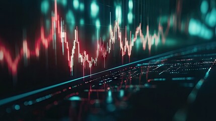 Poster - Close-up of a stock chart with dynamic candlestick patterns and fluctuating lines on a digital screen