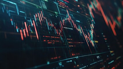 Poster - Close-up of a stock chart with dynamic candlestick patterns and fluctuating lines on a digital screen