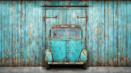 Wall Mural -   An antiquated, weather-beaten blue automobile rests before a corroded blue backdrop, adorned with rusted metallic fencing