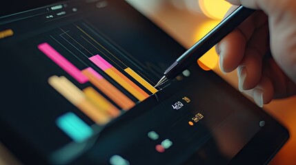 Poster - Close-up of a tablet displaying a multicolored bar graph, with a stylus pen in hand