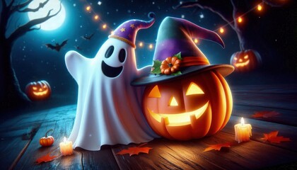 Realistic digital illustration of a friendly ghost wearing a colorful party hat, floating next to a carved pumpkin with a glowing smile, set in a festive Halloween night scene