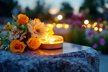 A tombstone illuminated by soft candlelight, with flowers and personal mementos placed around it in a quiet evening vigil