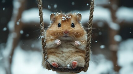 A cute hamster sits on a swing in the snow.