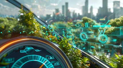 Poster - A futuristic car dashboard with digital displays and greenery, emphasizing eco-friendly technology.