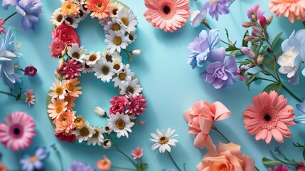 Poster - A unique combination of flowers and numbers on a blue background