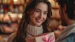 © nataliya_ua - A joyful moment as a woman surprises her partner with a beautifully wrapped gift in a cozy shop during the holidays. Generative AI