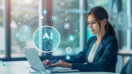 Poster - In a modern office, a professional woman focuses on her laptop with AI graphics, representing technology, data analysis, and automation. The image symbolizes innovation in a workplace