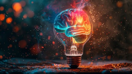 A vivid image of a brain inside a light bulb, with colorful sparks around it, representing creativity and innovation.