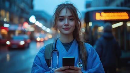 Poster - female nurse scrolling on smartphone waiting for bus going home from work healthcare worker work life balance.illustration