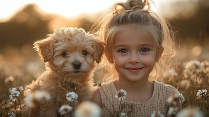 Wall Mural - beautiful young girl received puppy as birthday gift for garden birthday party.stock image