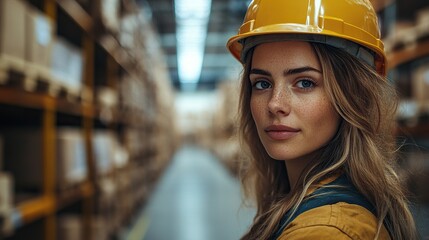 Wall Mural - warehouse employee putting on working helmet female warehouse worker standing in warehouse vertical view.illustration