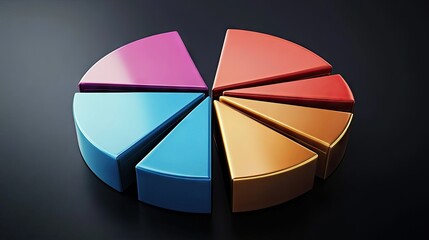 Detailed 3D pie chart with metallic textures, each segment separated slightly, dark background