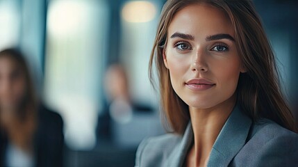 Poster - Detailed shot of a businesswoman in a meeting room, with a clear view of her face and professional attire, engaging with colleagues -