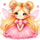 Cartoon little fairy princess with blond long hair in pink dress isolated on white background.