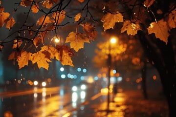 Golden autumn leaves falling on city street at night