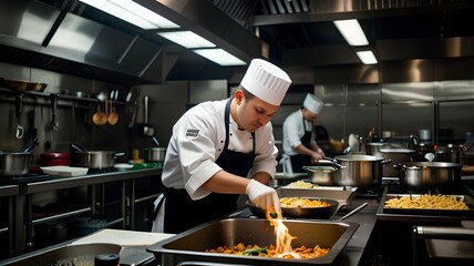 Chef cooking in a busy restaurant kitchen.