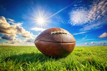 A worn, brown leather football rests on a lush green grassy field, surrounded by immaculate white lines, under a bright blue sunny sky.