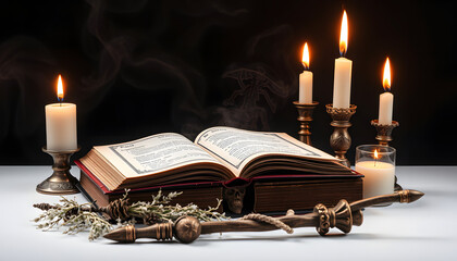 Wall Mural - witchcraft, occult science and mystic concept - magic book, white sage, burning candles and different witch's staff for ritual isolated with white highlights, png