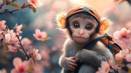 Wall Mural - A cute monkey wearing a hat and backpack, surrounded by pink blossoms.