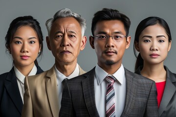 A formal portrait of four family members, including two women and two men, standing closely together, dressed in business attire, exuding professionalism.