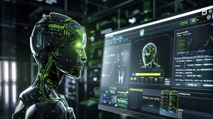Poster - A futuristic scene showcasing an advanced AI robot interfacing with a high-tech digital console, representing cutting-edge artificial intelligence and technology.