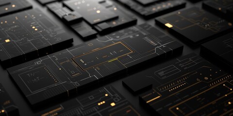 Poster - Detailed view of an intricate black and gold circuit board layout, showcasing the complex design and delicate connections of modern technology.
