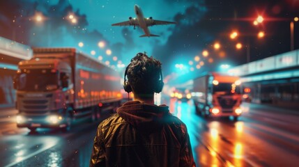 An urban night scene where an individual with headphones stands, observing planes and trucks in motion against a twilight backdrop.