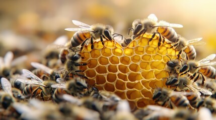 A group of bees are gathered around a honeycomb that has a heart shape. The bees are busy collecting nectar and pollen from the flowers