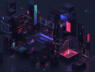 Poster - Modern digital data center filled with servers and display screens showcasing intricate data visualizations and technological infrastructure.